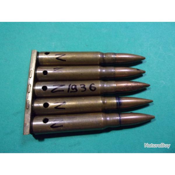 5 Munitions /clip 7,92x57 de 1936 fabrication TCHEC, tui laiton, balle blinde cuivre, neutralise