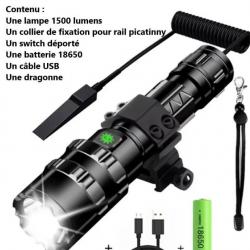 Lampe tactique 1500 lumens rechargeable par USB avec attache picatinny switch déporté (boite abimé)