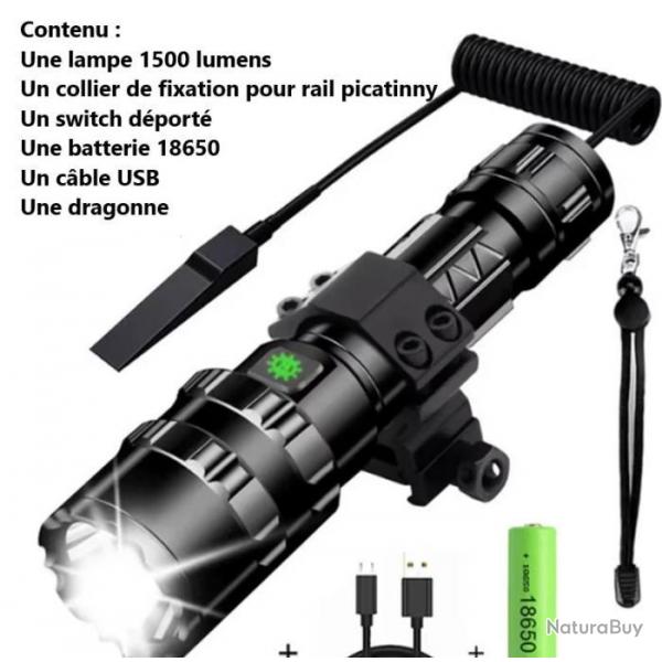 Lampe tactique 1500 lumens rechargeable par USB avec attache picatinny switch dport (boite abim)