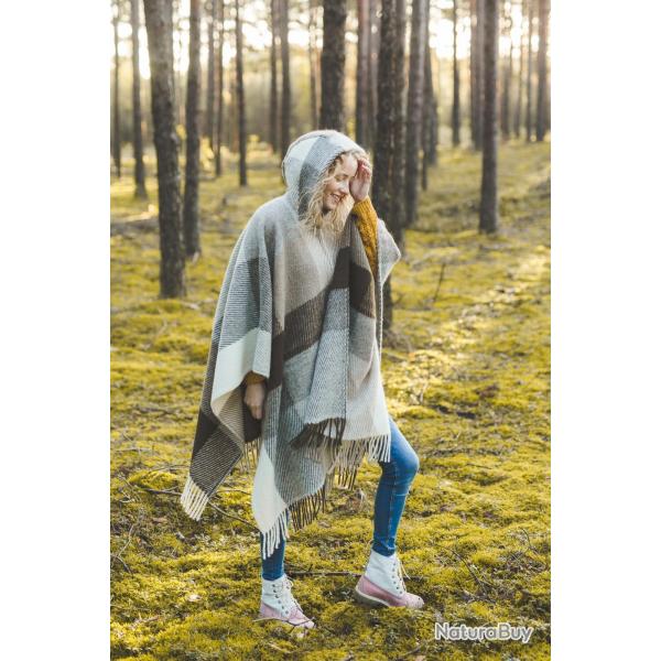 Manteau Cape femme chaud en pure laine avec capuche et boutons beige fonc carreaux