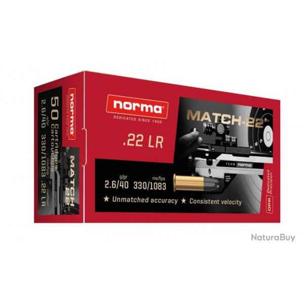 CART NORMA 22LR 2.6G/40GR MATCH-22 LRN PLOMB BTE 50