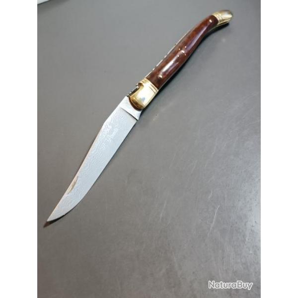 COUTEAU LAGUIOLE LAME DAMAS, PIRONIN, THIERS, manche BOIS D'AMOURETTE, guilloch.