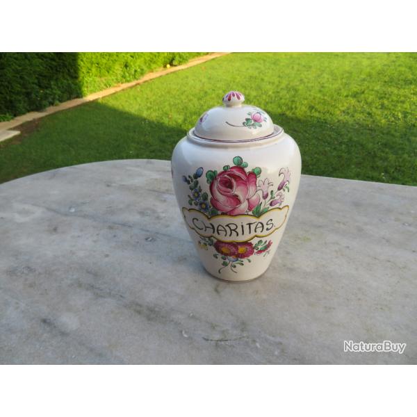 Ancien pot d'apothicaire "CHARITAS" en faience de DESVRES  dcor STRASBOURG - FRANCE (Dbut XX )