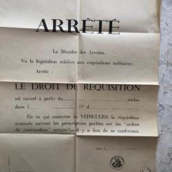 AFFICHE 1960 : ARRETE DROIT REQUISITION VEHICULES, cachet Ministre des ARMEES et Mairie SERVIES Aude