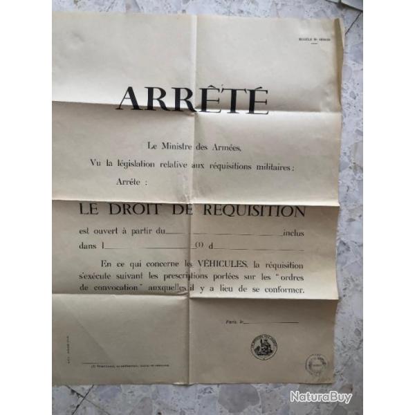 AFFICHE 1960 : ARRETE DROIT REQUISITION VEHICULES, cachet Ministre des ARMEES et Mairie SERVIES Aude