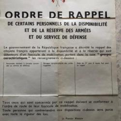 AFFICHE 1960 : ORDRE DE RAPPEL RESERVE MILITAIRE, cachet Ministre des ARMEES et Mairie SERVIES Aude