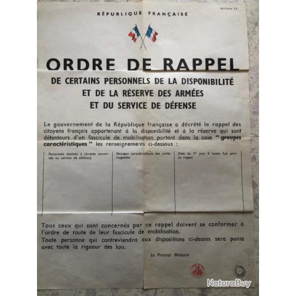 AFFICHE 1960 : ORDRE DE RAPPEL RESERVE MILITAIRE, cachet Ministre des ARMEES et Mairie SERVIES Aude