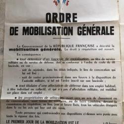 AFFICHE 1975 : ORDRE MOBILISATION GENERALE drapeaux cachet Ministre des ARMEES & Mairie SERVIES Aude