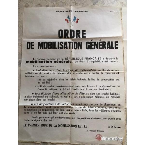 AFFICHE 1975 : ORDRE MOBILISATION GENERALE drapeaux cachet Ministre des ARMEES & Mairie SERVIES Aude