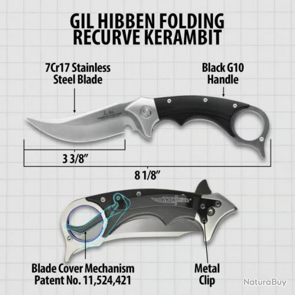 Couteau  Gil Hibben Folding Recurve Karambit Lame Acier 7Cr17 Manche G10 Scurit Liner Lock GH5136