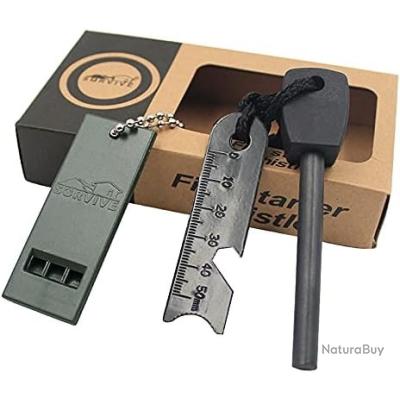 Kit Survie Allume-feu Magnésium 7 En 1 - Barre XL 12.7 Mm, Grattoir Multifonction, Paracorde, Sifflet, Mousqueton, Sac étanche