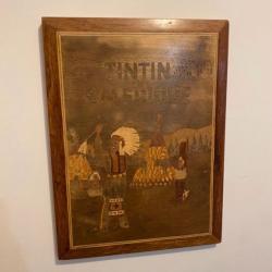 Tableau panneau bois marqueterie Tintin en Amérique