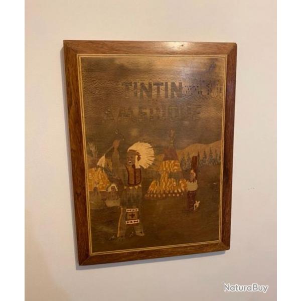 Tableau panneau bois marqueterie Tintin en Amrique