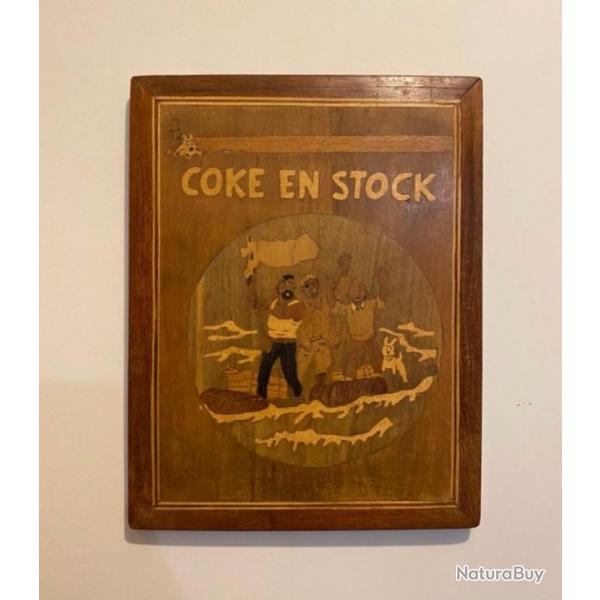 Panneau tableau bois marqueterie Tintin Coke en Stock