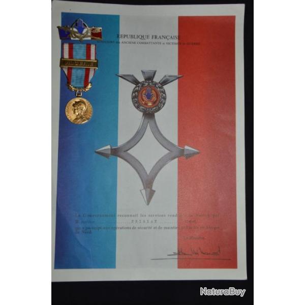 MEDAILLE & INSIGNE FORCE FRANCAISE AFN-GUERRE ALGERIE + DIPLME NOMINATIF-1954/1962