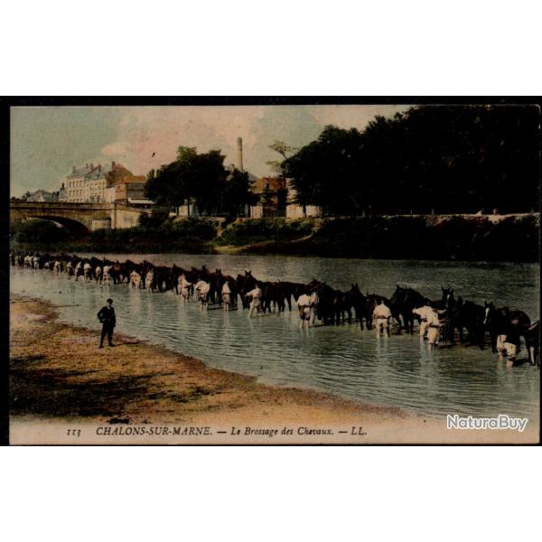 CPA -  Militare -CHALON-SUR-MARNE Le Brossage des Chevaux - N0012