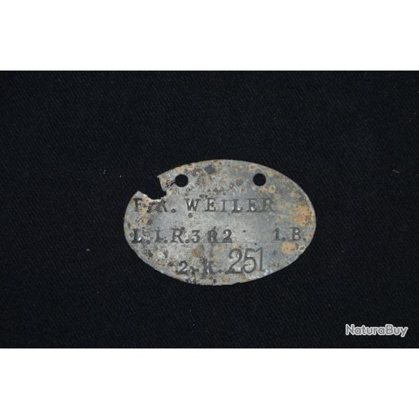 PLAQUE D'IDENTITE ALLEMANDE Mle1878-E/R  WEILLER L.I.R. 382. 1.B.2.K.251-1WW-GUERRE 1914/1918