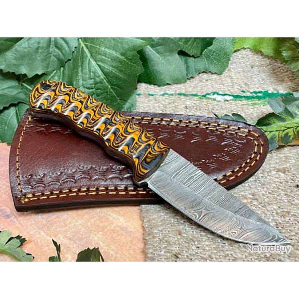 Couteau de Chasse Lame Acier Damas 256 Couches Manche Bois Etui Cuir DM1218