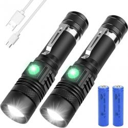 Lampe Torche 2 Pcs 1500 Lumens Chargeur USB  Zoom Étanche Camping Pêche Randonnée