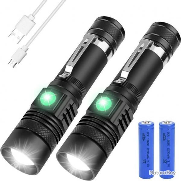 Lampe Torche 2 Pcs 1500 Lumens Chargeur USB  Zoom tanche Camping Pche Randonne