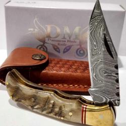 Couteau de Chasse Damas Pliant Lame Damas Manche Corne de Bélier Étui Cuir DM1385