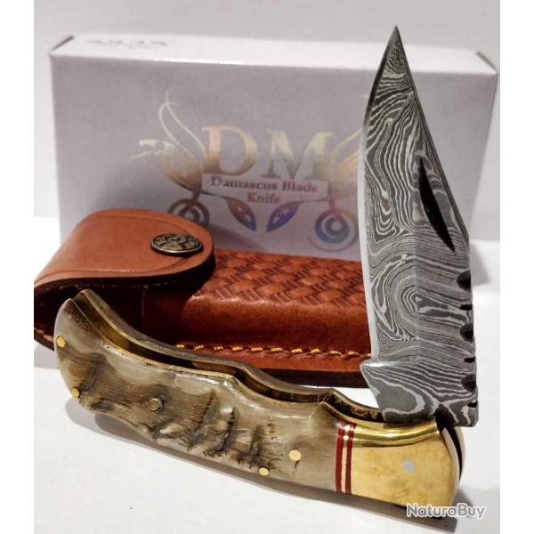 Couteau de Chasse Damas Pliant Lame Damas Manche Corne de Blier tui Cuir DM1385