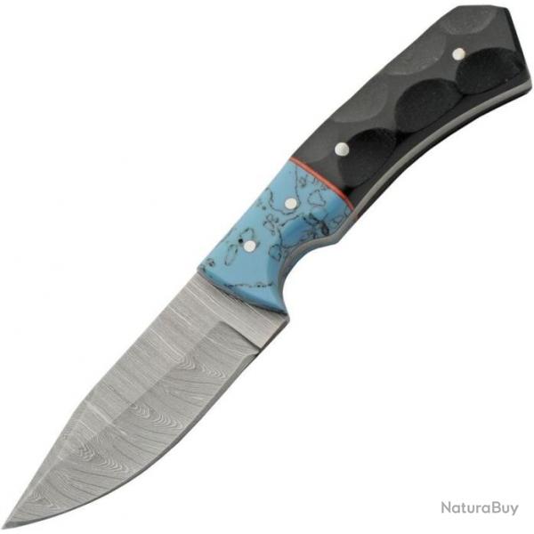 Couteau Skinner Damas Manche Turquoise/Micarta Lame Acier 256 Couches tui Cuir DM1404TR