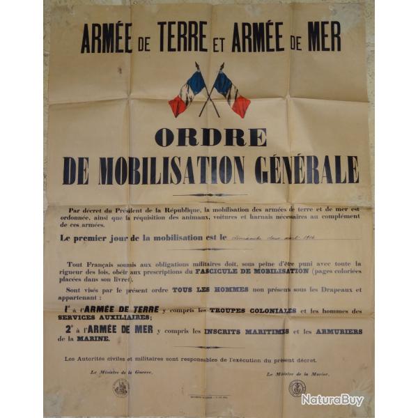 Rare Vritable Affiche  Originale Mobilisation Gnrale Dimanche 2 Decembre 1914