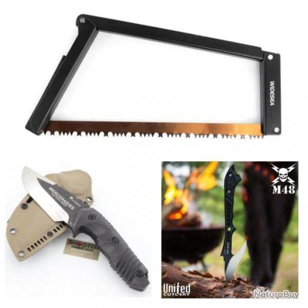 Scie pliante + 2 Couteaux Tactique pour Survie Camping Bushcraft Randonne