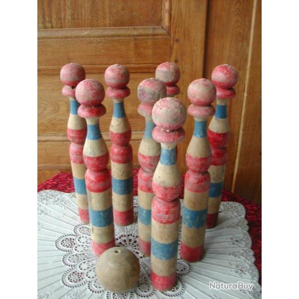 Vieux Jeu de Quilles Bois Tricolore Anciens Jouets Vintage An.50 Objets du XXme