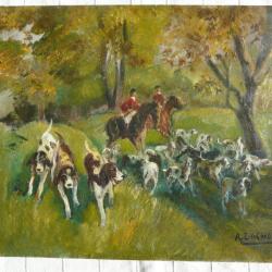 HUILE SUR TOILE CHASSE A COURRE VENERIE CHIENS CAVALERS CHEVAUX