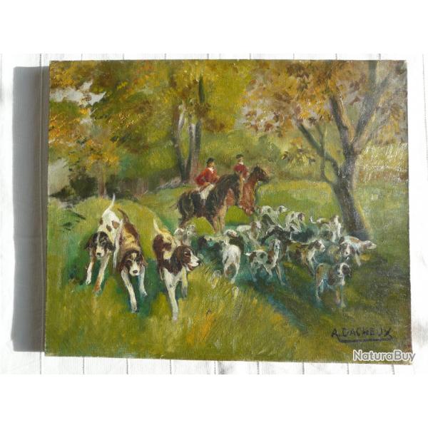 HUILE SUR TOILE CHASSE A COURRE VENERIE CHIENS CAVALERS CHEVAUX