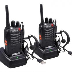 Pack de 2 Talkie-Walkie VHF/UHF 16 Canaux VOX LCD Batterie 1500 mAh Lampe LED Oreillette Charge USB