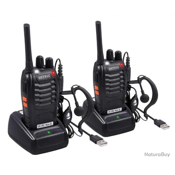 Kit de 2 Talkie-walkie  VHF/UHF 16 Canaux VOX LCD Batterie 1500 mAh Lampe LED Oreillette Charge USB