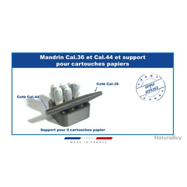 Kit Mandrin double Cal.36 et Cal.44 et Support pour 9x Cartouches Papiers poudre noire