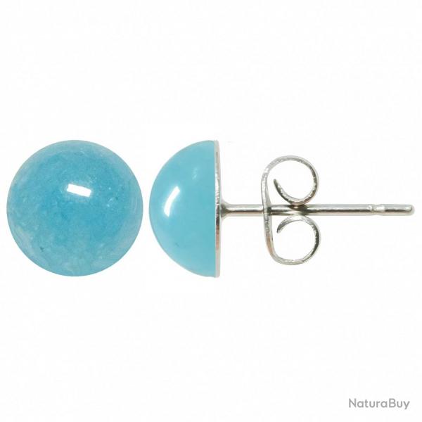 Boucles d'oreilles puces avec cabochon rond en jade teint bleu