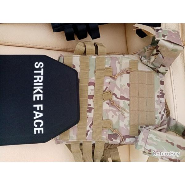 DEF25 GILET PORTE PLAQUES CAMO MULTICAM OTAN AVEC 2 PLAQUES BALISTIQUE NIJ 4 STAND ALONE