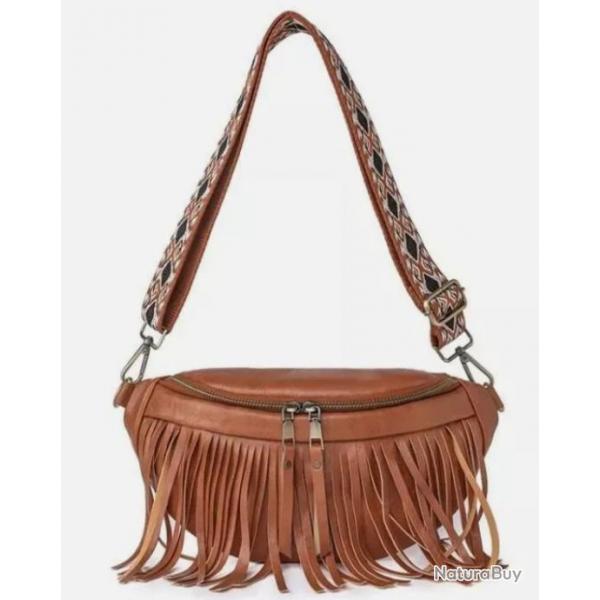 Sac Banane Femme en Similicuir - Fermeture clair, Mode Vintage, Marron - 32x3x16 cm