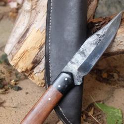 Couteau Skinner de Chasse Bushcraft Lame Acier Carbone 1075 Manche Bois Etui Cuir Fabr Artisanale