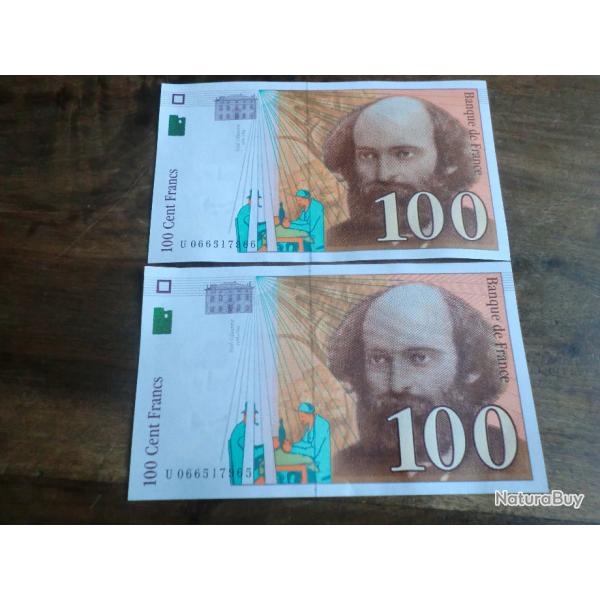 srie billets  CENT FRANCS  czanne 1998  / U 066517966 / 65 ""NEUF