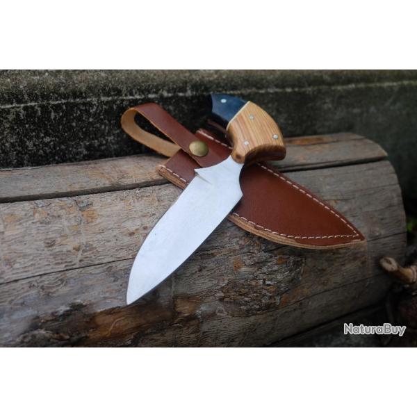 Push Dagger Lame Acier Carbone 1055 Manche Bois Etui CUir Fabric Artisanale