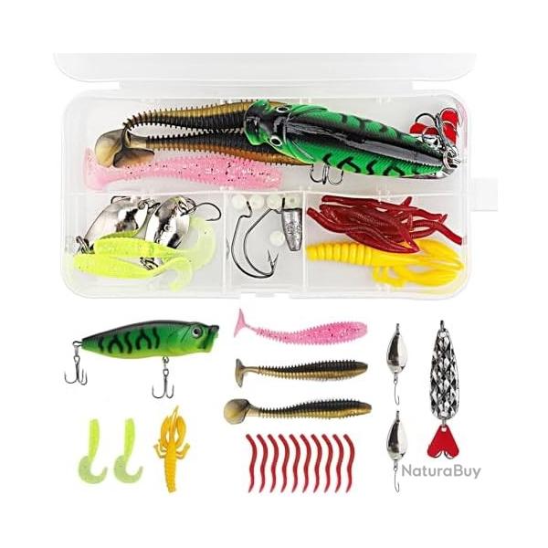 Ensemble Leurres Peche 27 Pieces Eau Douce Salee Caoutchouc Dur Accessoires