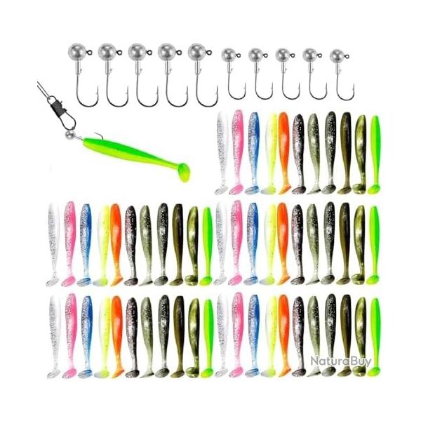 Leurre Souple Mer Carnassier 55PCS 70mm Tetes Plombees Crochets Peche Eau Douce