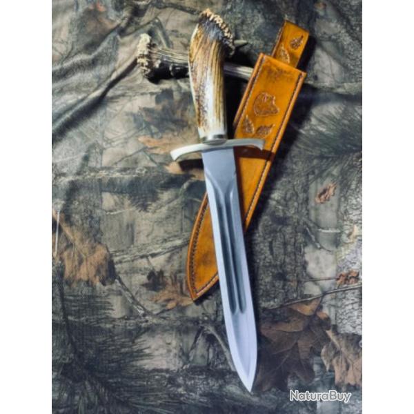 dague de chasse artisanale / gravure sanglier, feuilles de chne / 1