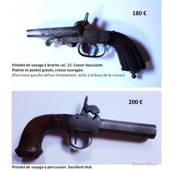 Pistolets de voyage XIX. Lots de deux armes, un pistolet juxtapos  broche, un  percussion.