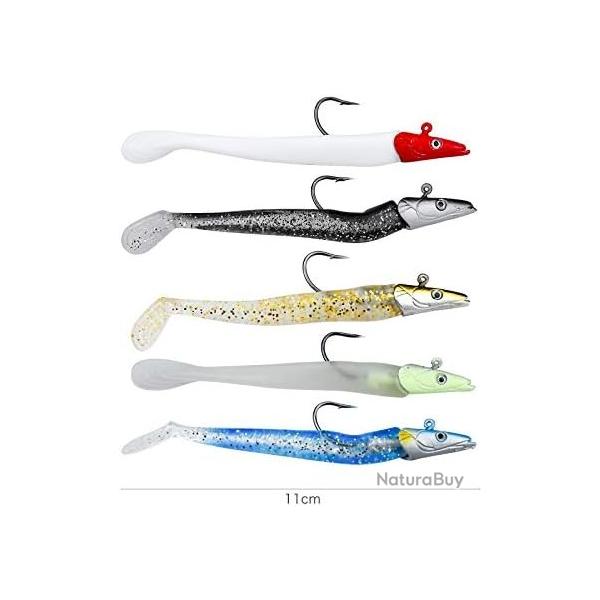 5 Leurres Peche Mer 11cm 20g Souples T-Tail Silicone Realiste Eau Douce Salee