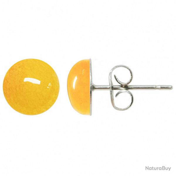 Boucles d'oreilles puces avec cabochon rond en jade teint jaune