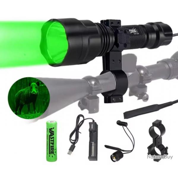 Lampe tactique de chasse +adaptateur lunette vert ou rouge rechargeable led chasse airsoft ect... A