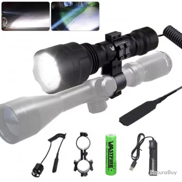 Lampe tactique de chasse +adaptateur lunette vert ou rouge rechargeable led chasse  ect. Blanc