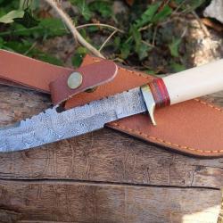 Puukko XXL Couteau Damas Lame 256 Couches Harpoon Manche Os Fabrication Artisanale Etui Cuir